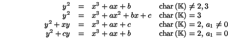 \begin{displaymath}
\begin{array}{rcll}
y^{2} & = & x^{3}+ax+b & \textrm{char}\l...
...\textrm{char}\left( \mathbb{K}\right) =2,\, a_{1}=0
\end{array}\end{displaymath}